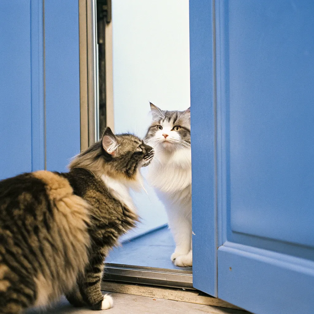 Norwegian Forest Cat meeting another cat through a door for safe socialization.