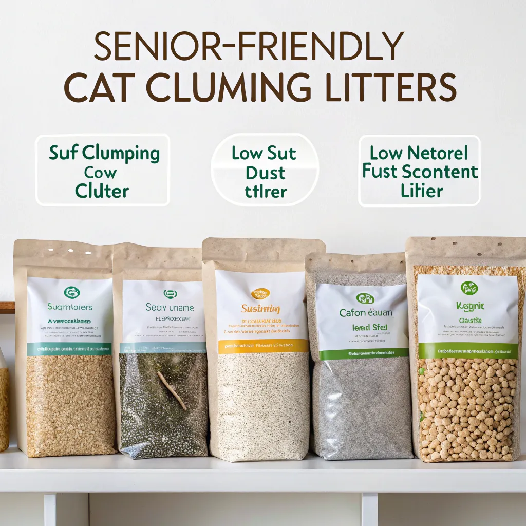 Variety of senior-friendly cat litters: soft clumping, low-dust natural, and unscented options."