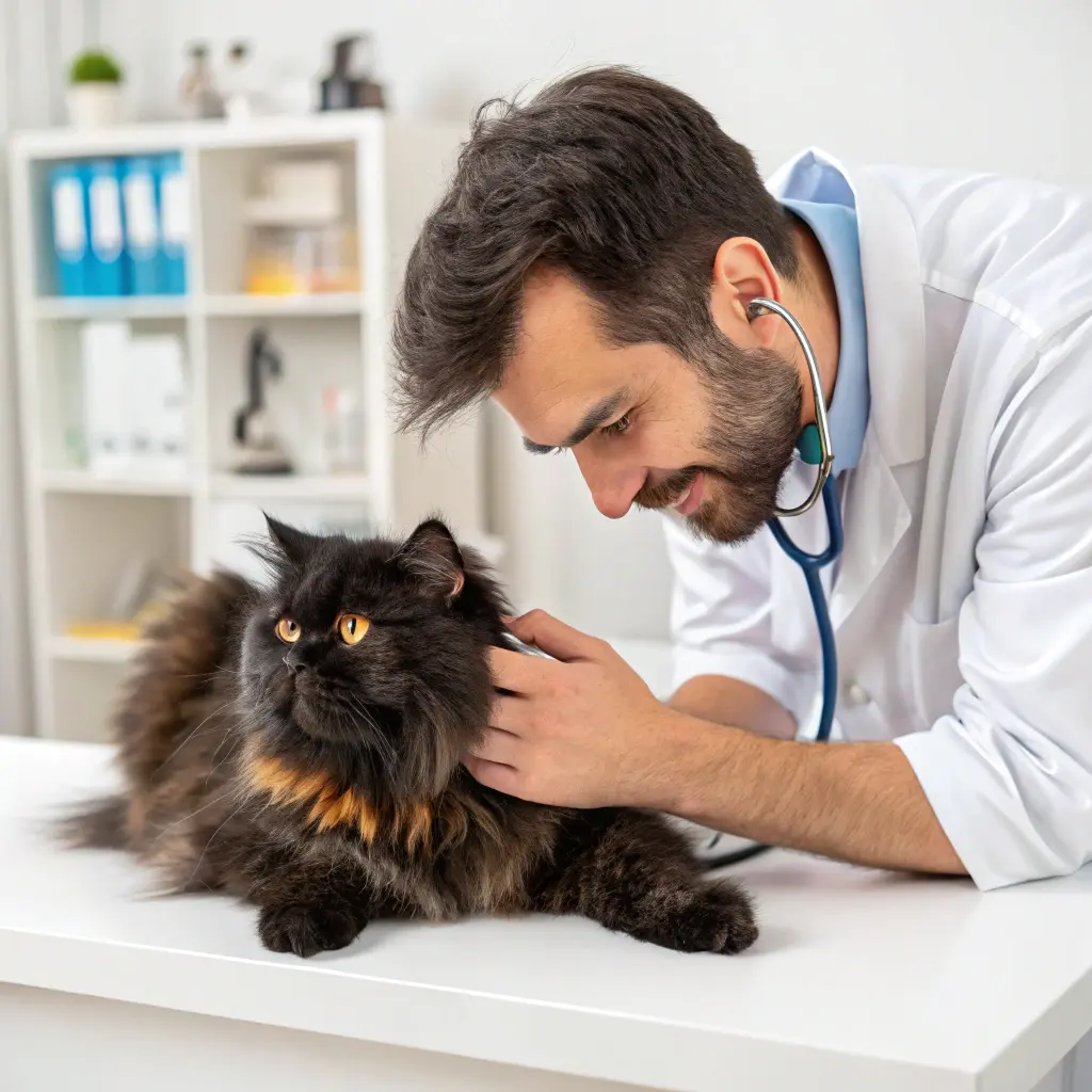 Veterinarian examining a black cat with brown fur patches.