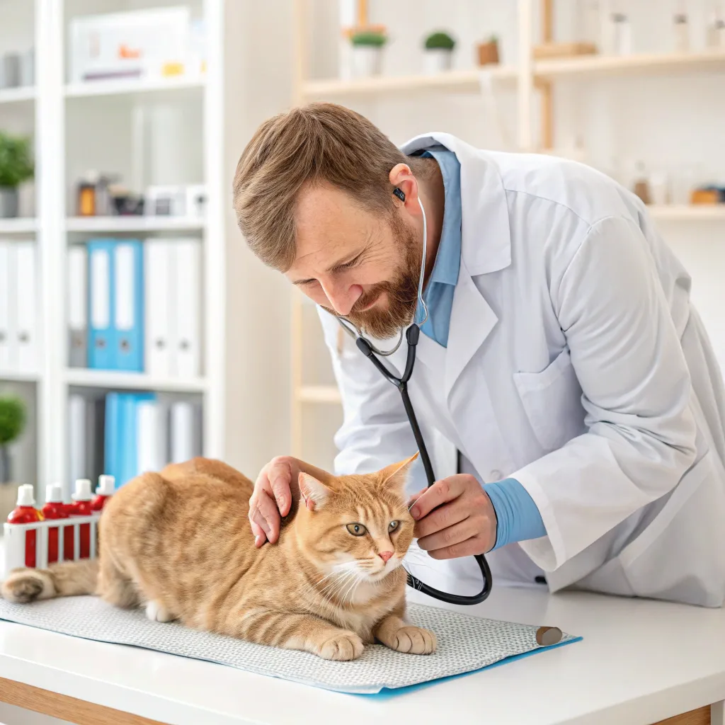 Veterinarian examining senior cat for fever and hyperthyroidism.
