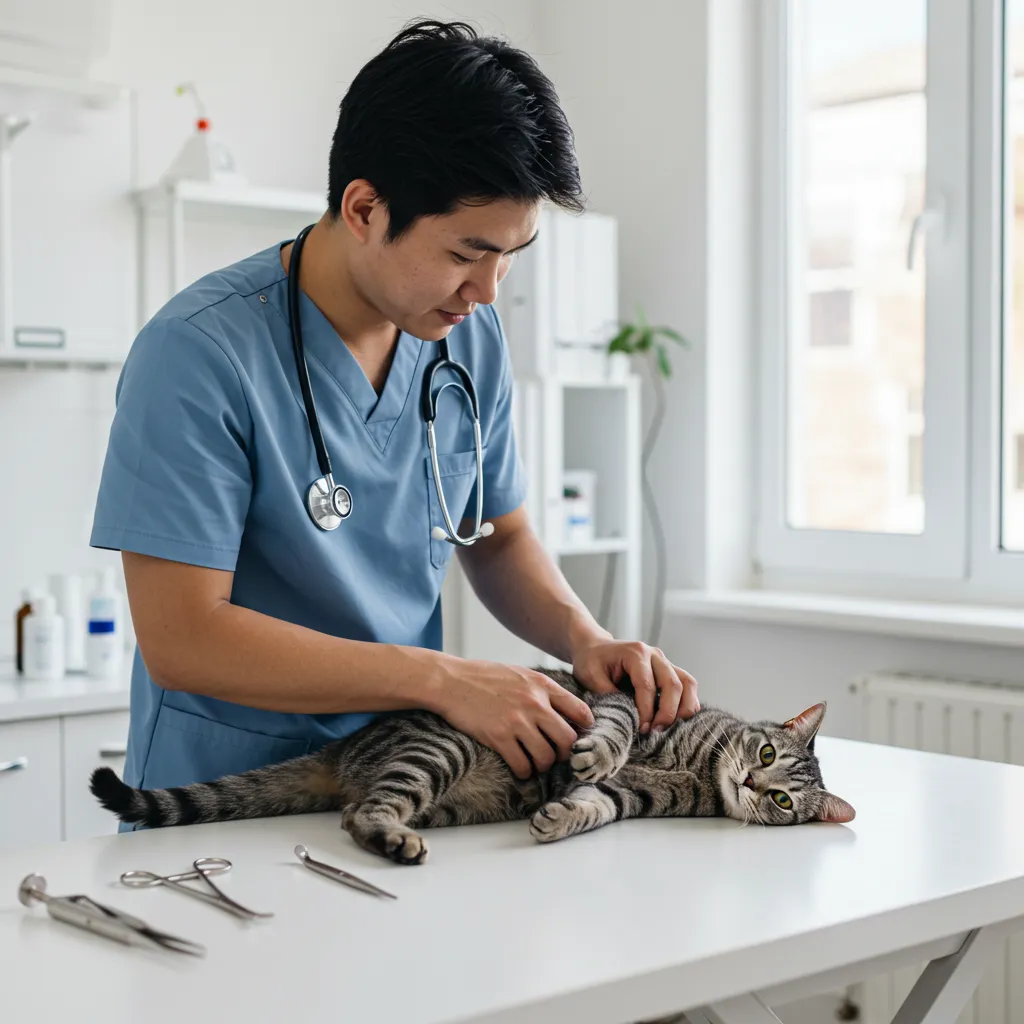 Veterinarian examining a cat for lymphoma diagnosis, highlighting professional care.