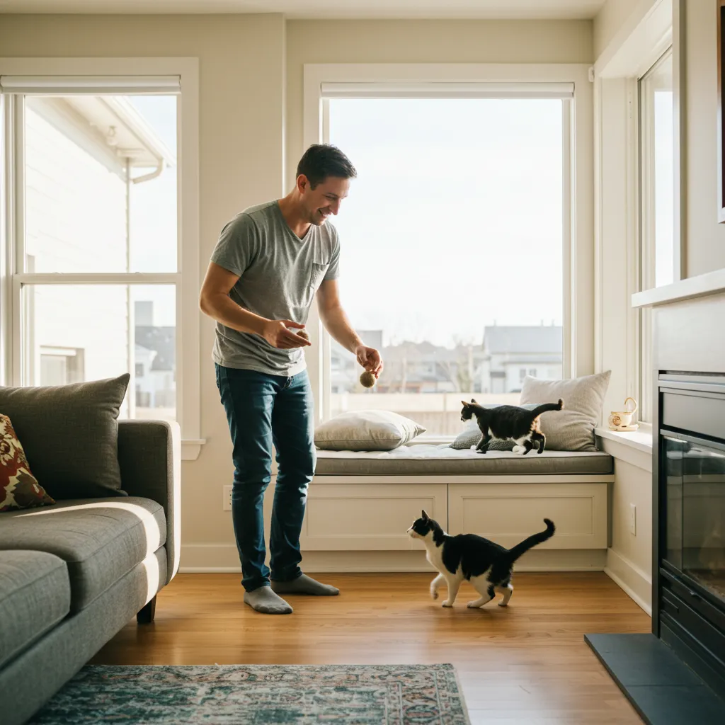 Cat owner playing fetch with cat to build a stronger bond and reduce biting behavior.
