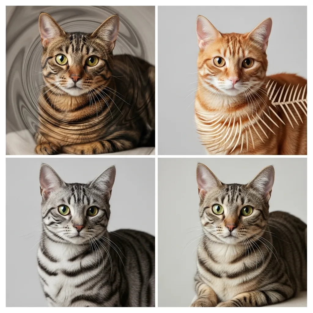Tabby Cat Colors 2 Collage of tabby cats showing classic, mackerel, spotted, and ticked coat patterns.