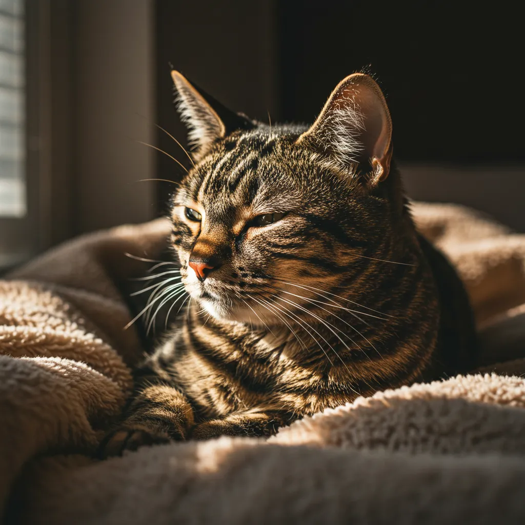Tabby cat resting peacefully on a blanket, symbolizing hope for cats with lymphoma.