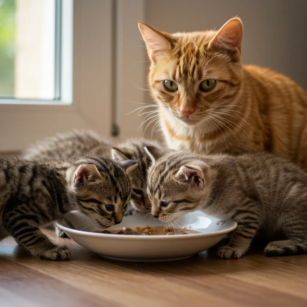 Kittens eating gruel during weaning with mother cat nearby.