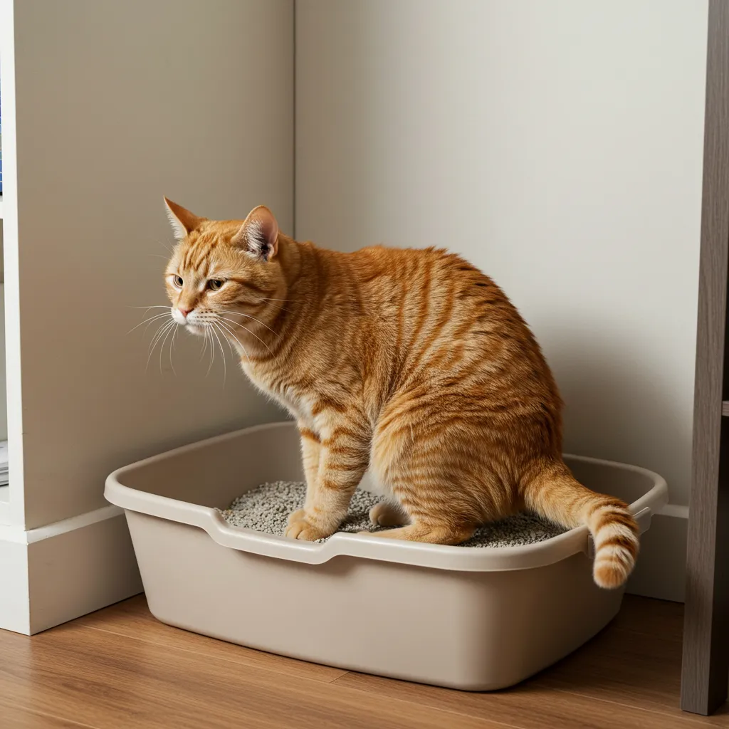 Cat showing cat straining to pee in a clean litter box, signaling potential cat urinary blockage.
