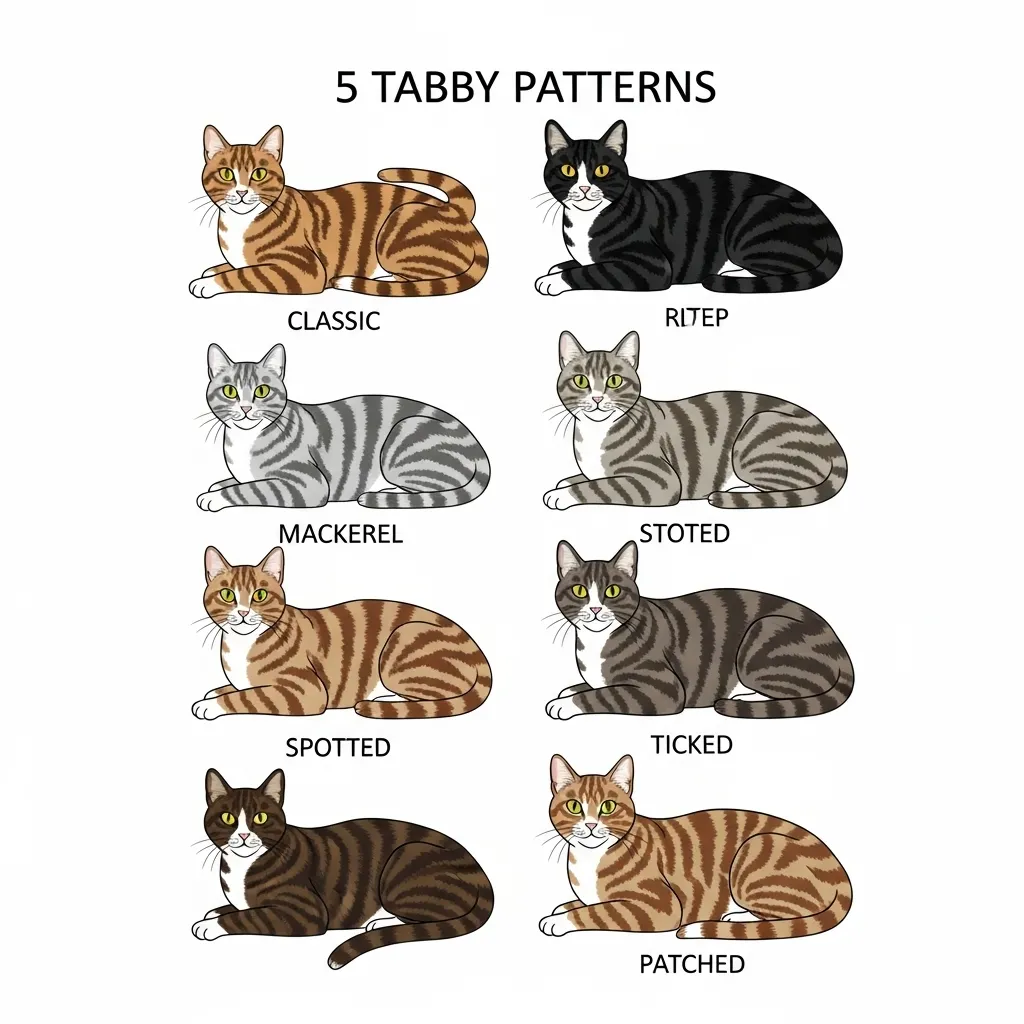 Tabby Cat Colors 10 Chart of tabby cat patterns with examples of classic, mackerel, spotted, ticked, and patched markings.