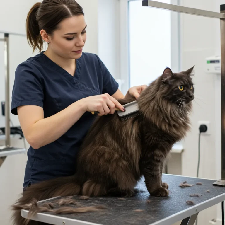 Professional groomer working on a Norwegian Forest Cat’s coat in a salon.