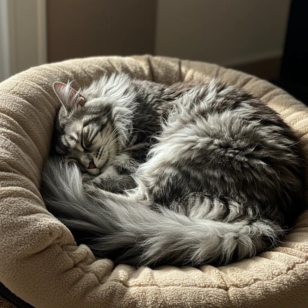 Maine Coon cat snoring on cozy pet bed.