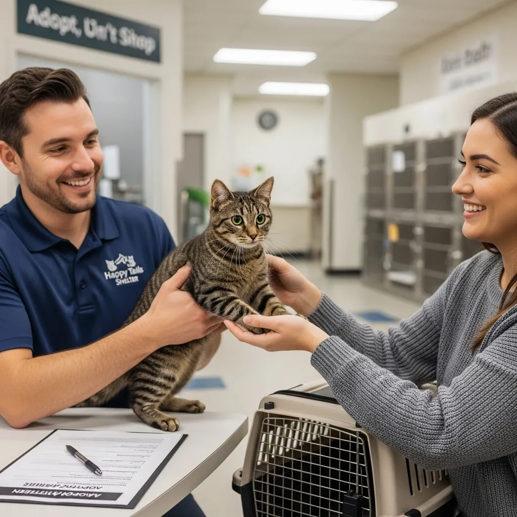 Cat handed to adopter at shelter, showcasing safe and ethical cat rehoming.