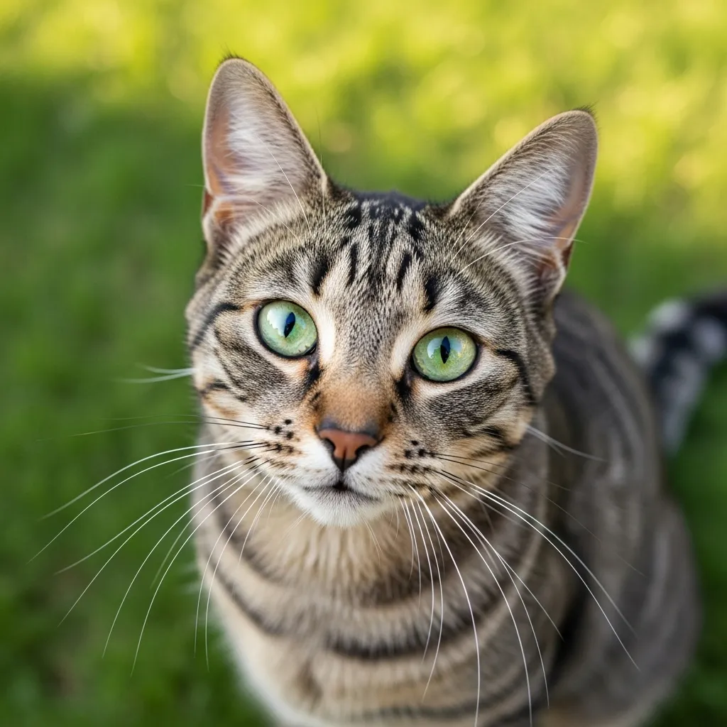 Curious cat sitting on green lawn, illustrating outdoor cat behavior