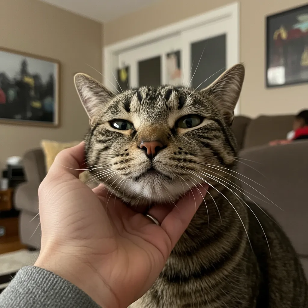 Happy cat with wet nose purring during petting session in cozy home.