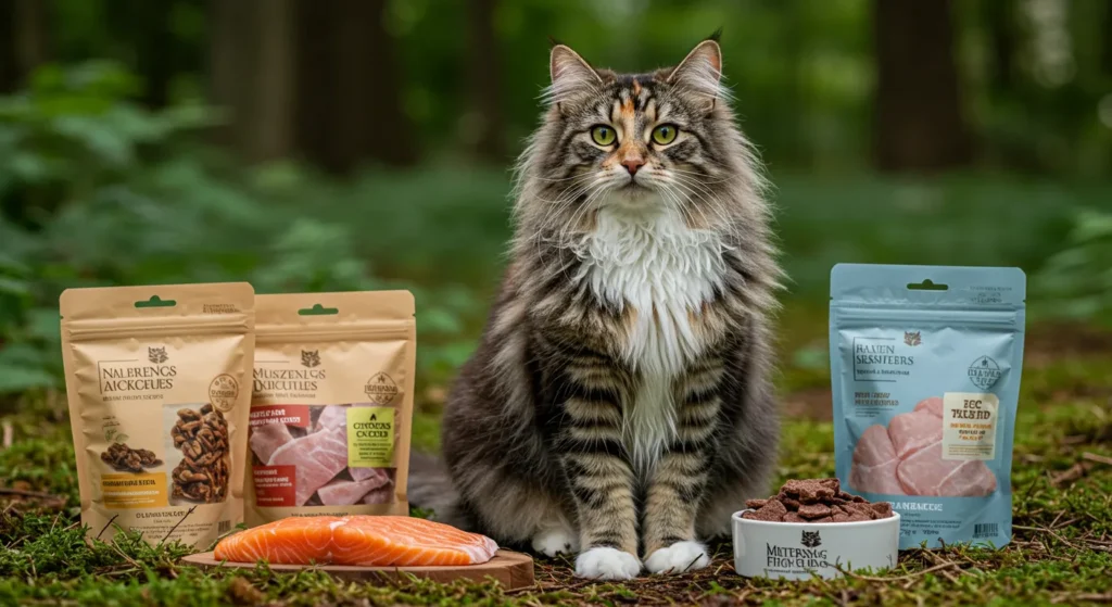 Norwegian Forest Cat with natural cat treats on a forest background, showcasing Norwegian Forest Cat nutrition.