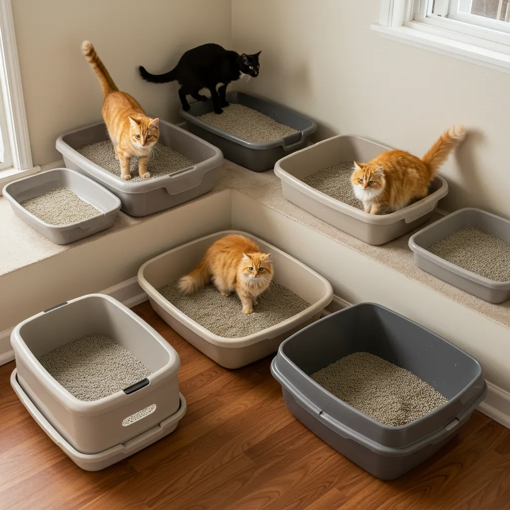 Multiple litter boxes in a home to encourage cat urination habits and prevent litter box problems.