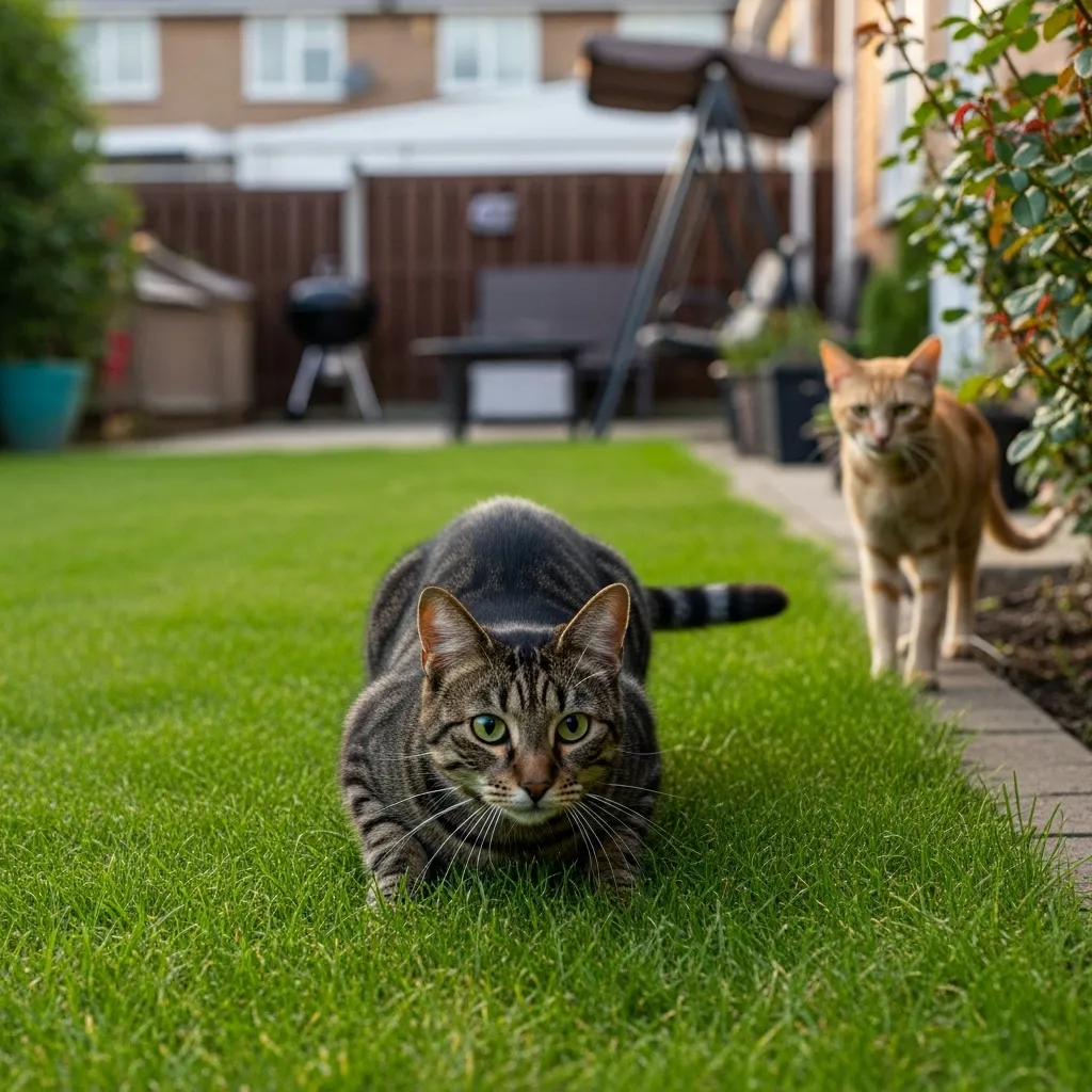 Cat marking territory on lawn, showing feline instincts.
