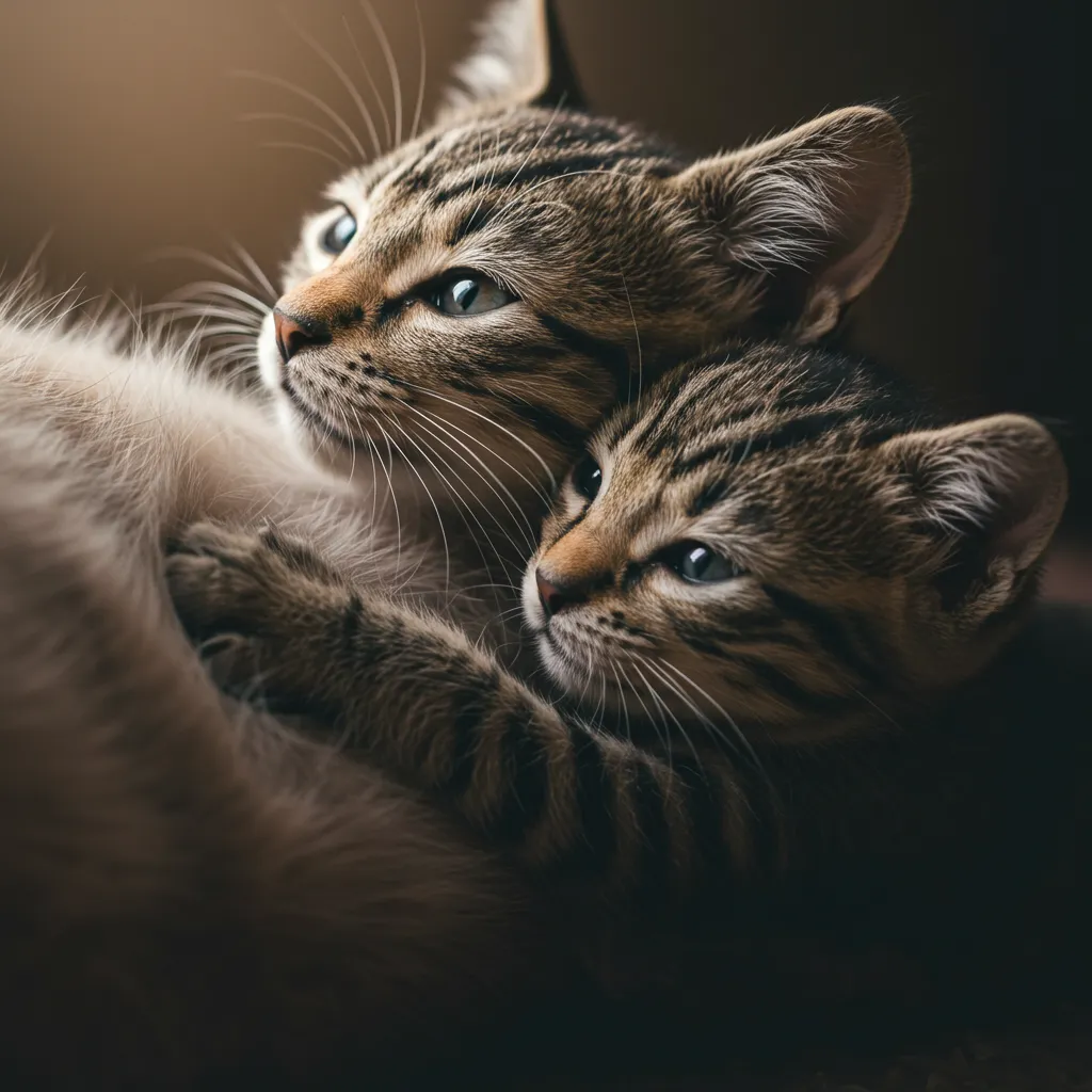 Kitten purring while nursing from mother cat in a warm, cozy setting.