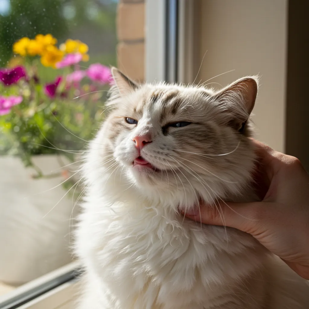Ragdoll cat with wet nose and slight drool purring happily while being petted by the owner.