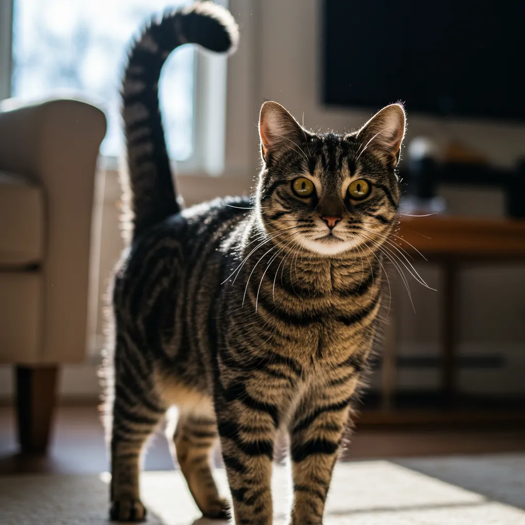 Happy cat with upright tail Language in cozy living room, showcasing cat tail up meaning for confidence and contentment.