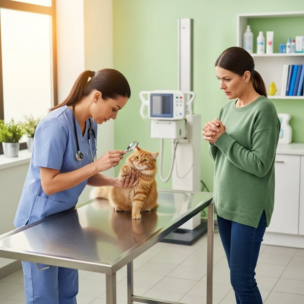  Veterinarian checking cat for health issues related to lawn pooping.