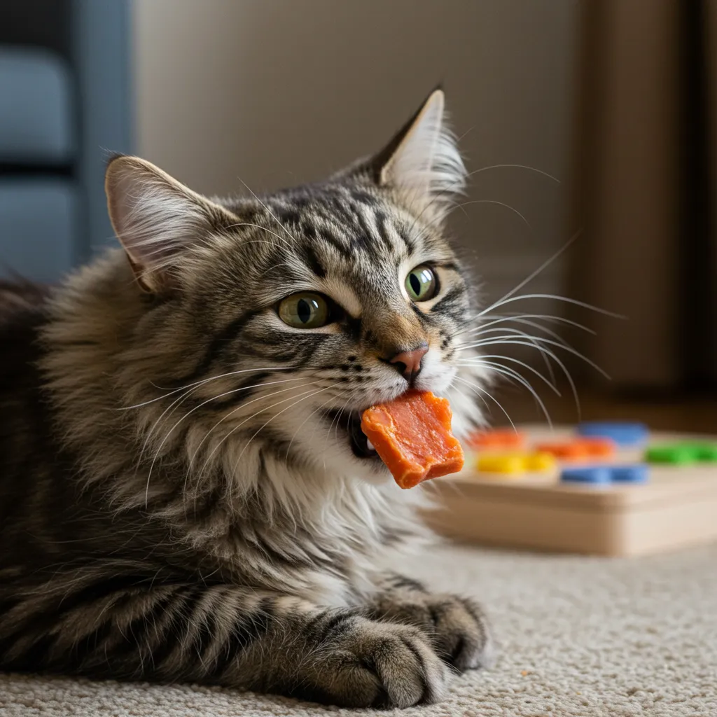 Norwegian Forest Cat enjoying freeze-dried cat treats for cat enrichment with treats in a cozy home.