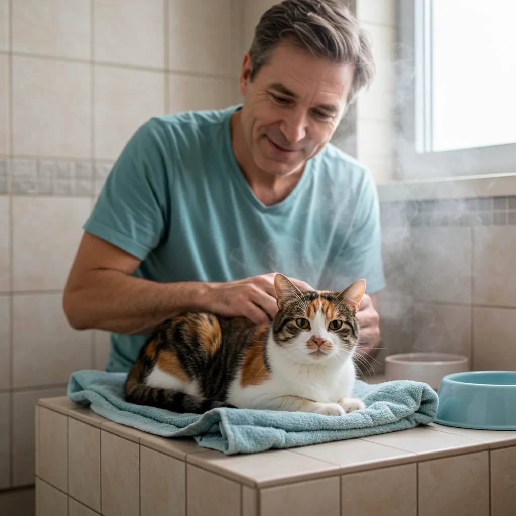 Cat with runny nose in steamy bathroom for URI relief, observed by caring owner.