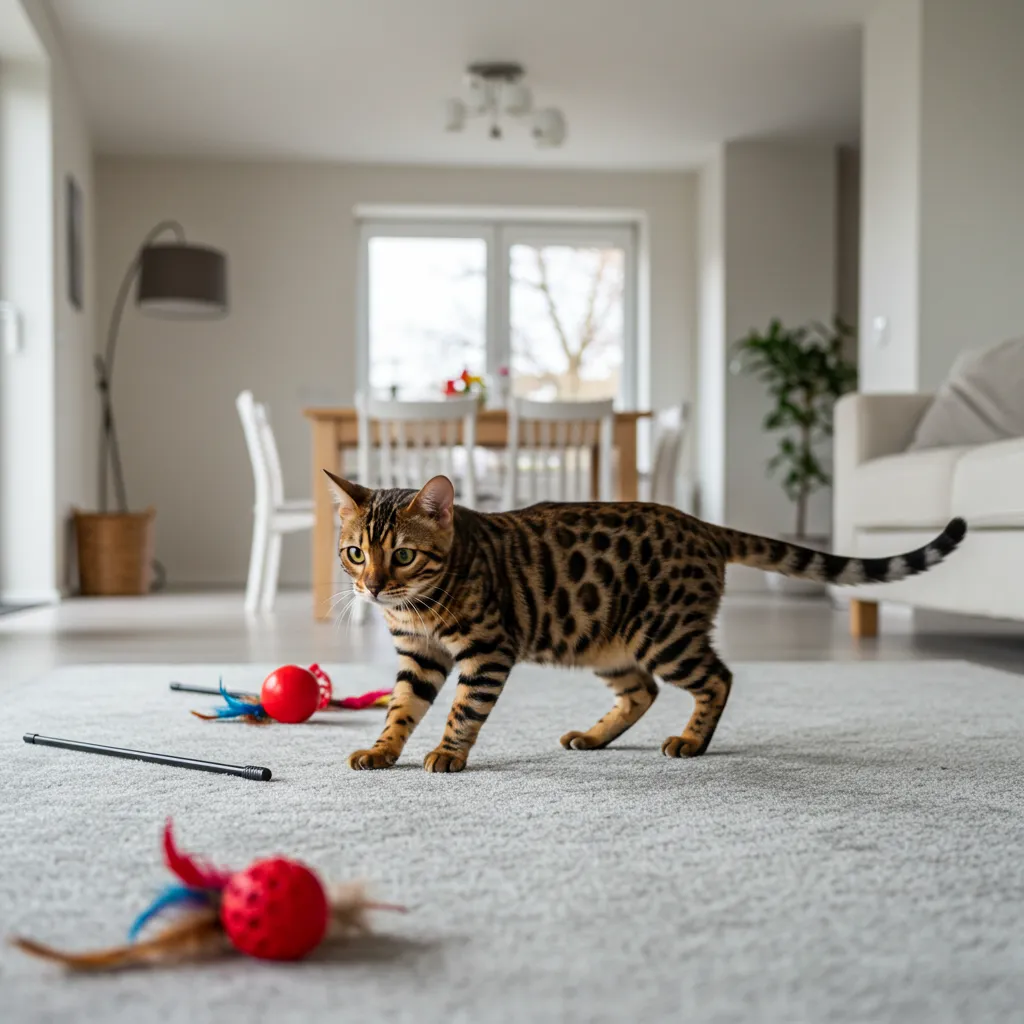 Bengal cat with low tail exploring a new room, demonstrating cat tail signals for caution and curiosity.