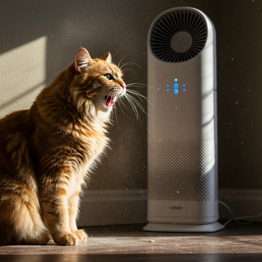 A cat sneezing near a dusty corner, with a clean air purifier in the background, highlighting allergy management.