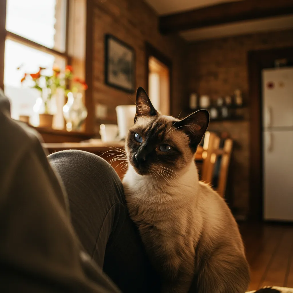 Siamese cat wrapping its tail around its leg, illustrating the cat tail hug meaning for affection and trust.