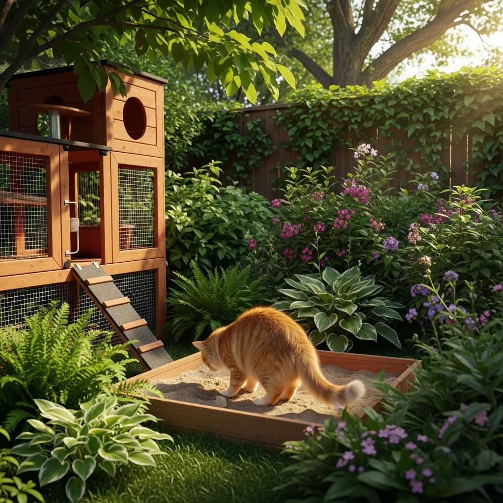 Cat using outdoor sandbox as a safe bathroom alternative to lawn.