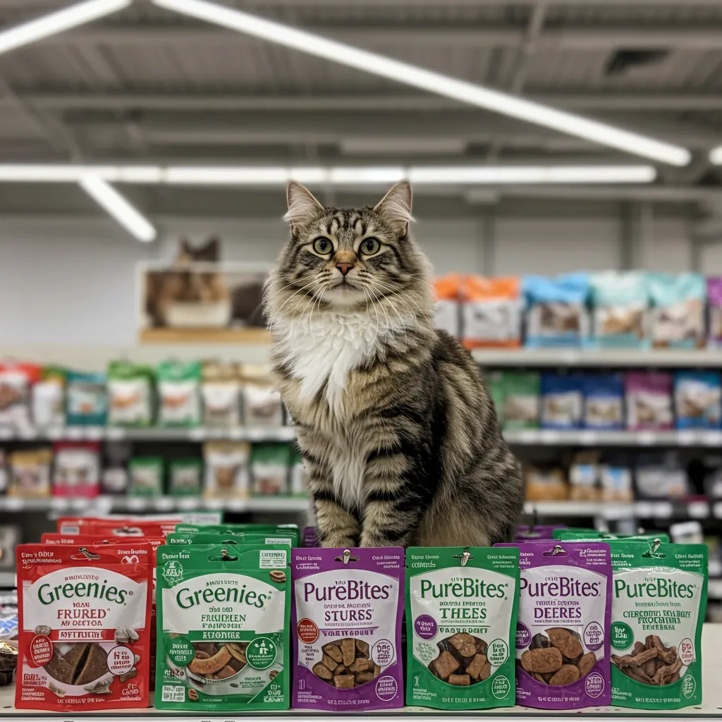 Top vet-recommended cat treats like Greenies and PureBites for Norwegian Forest Cat treats in a pet store setting.