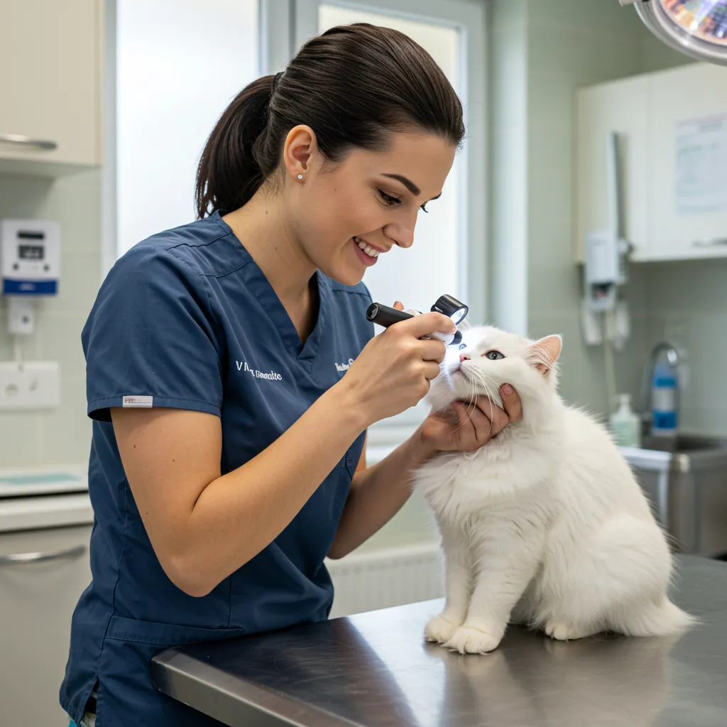 Veterinarian checking cat’s nose during routine health exam in clinic.