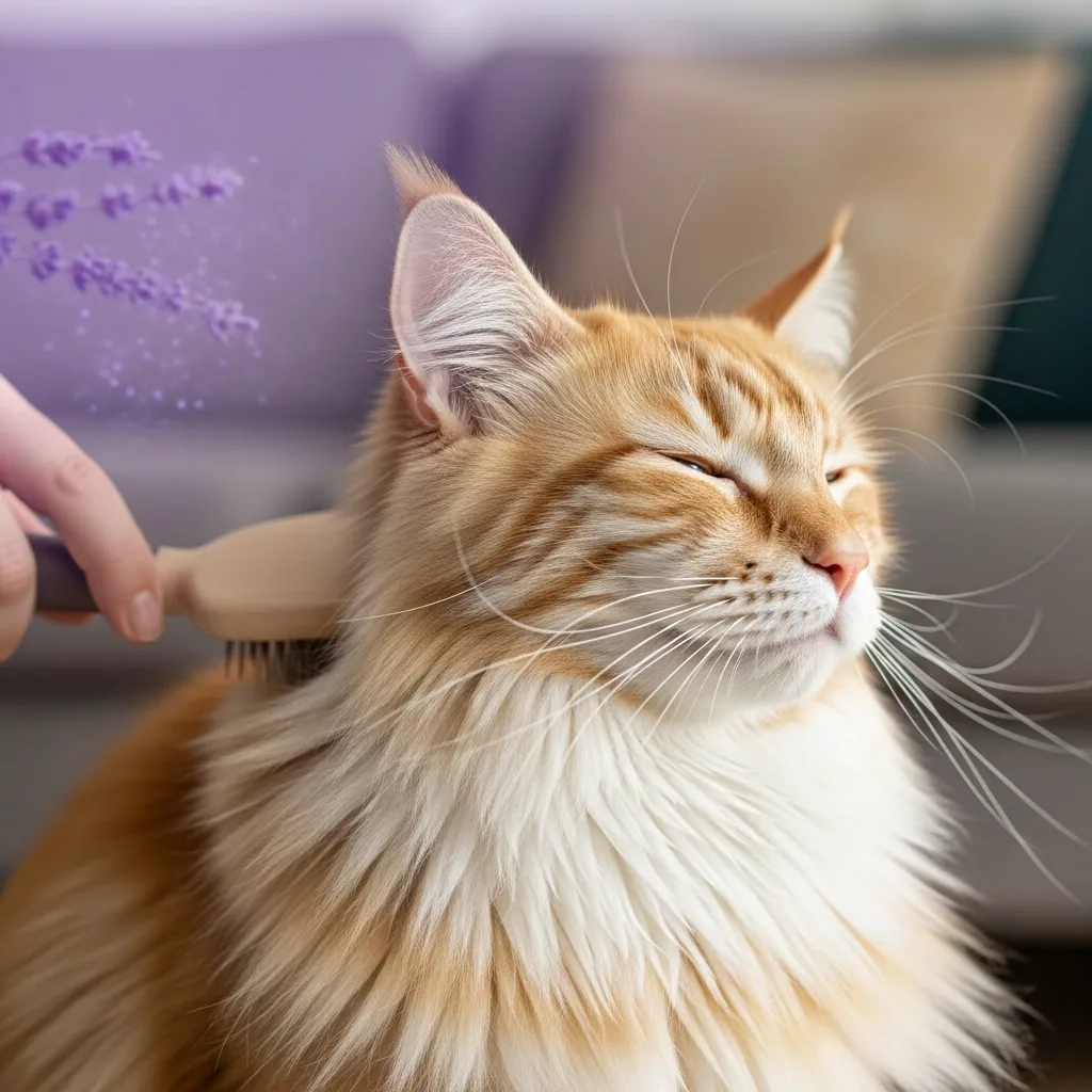 Fluffy cat being brushed to eliminate odors in a cozy home setting.