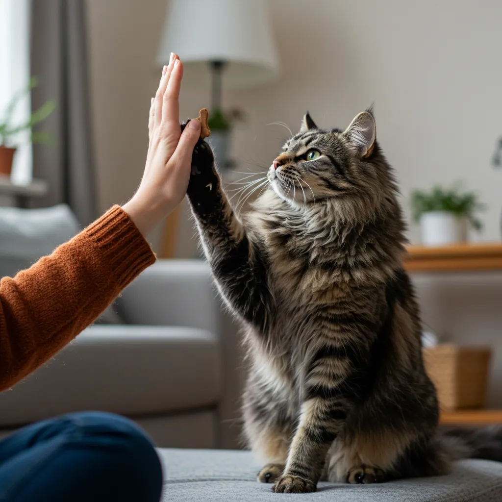  Norwegian Forest Cat high-fiving owner during training cats with treats for cat bonding with treats.