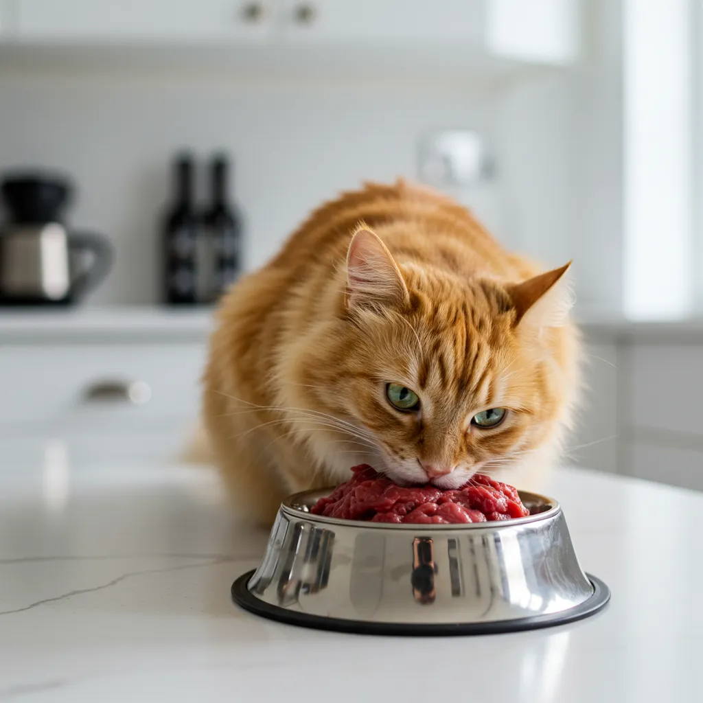 Healthy cat enjoying a raw food meal in a kitchen setting.