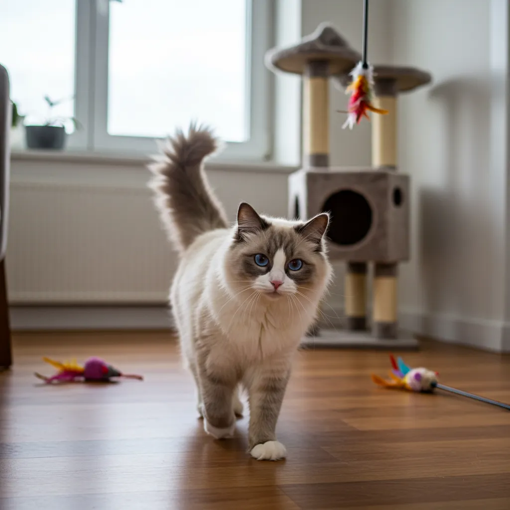 Ragdoll cat with low tail exploring, reflecting cat tail signals for caution or neutrality.