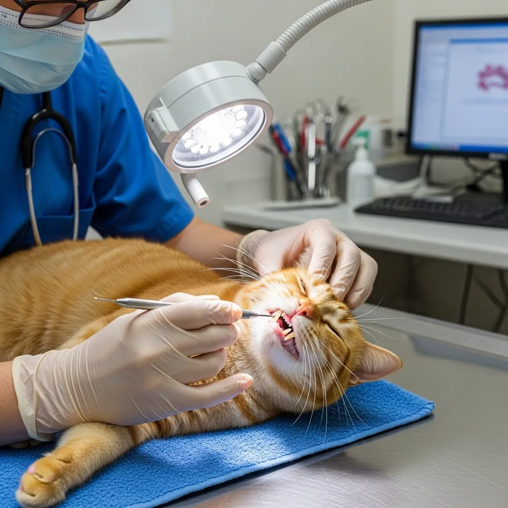  Vet checking cat’s teeth for dental issues causing bad breath.