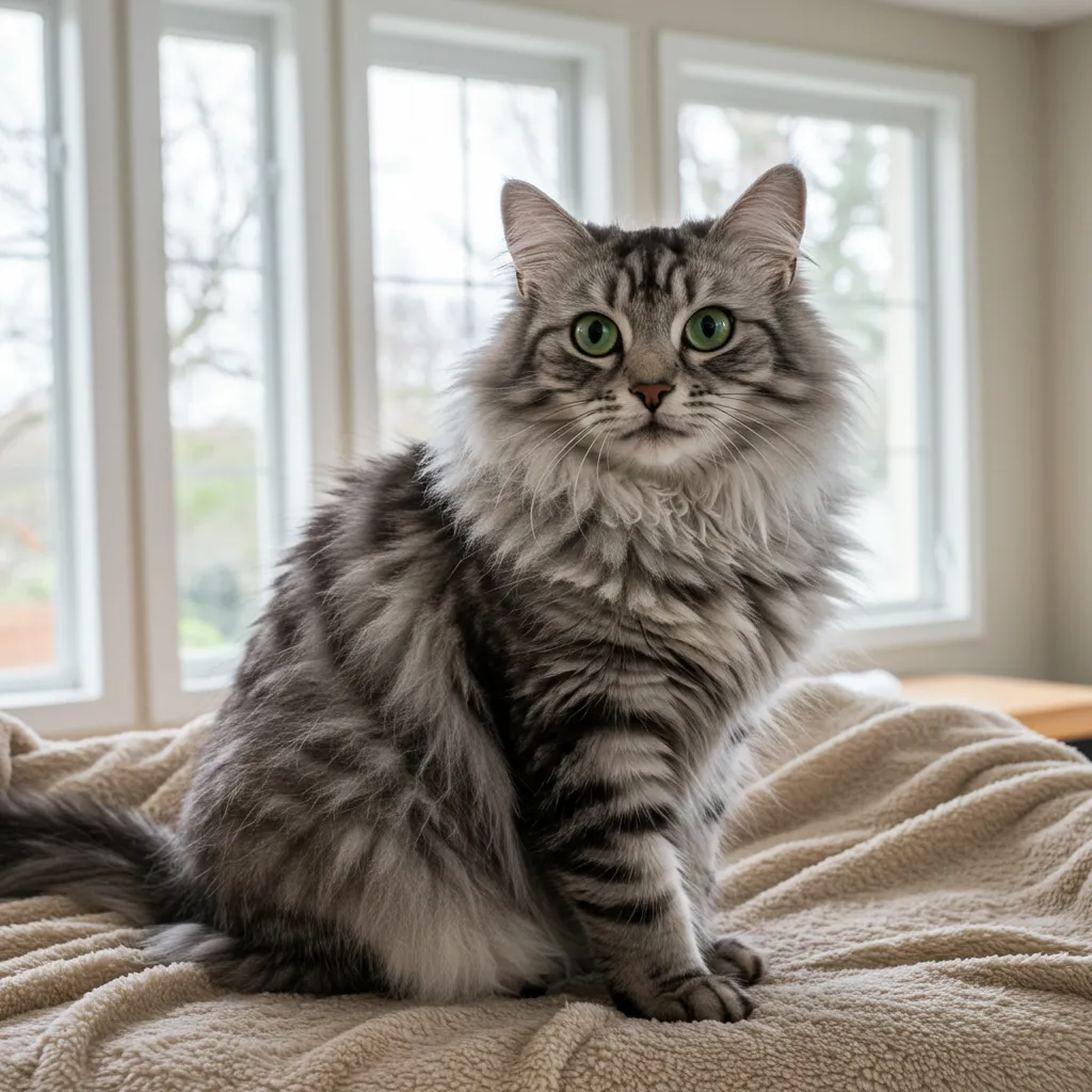 Norwegian Forest Cat sitting on a blanket, highlighting its majestic appearance.