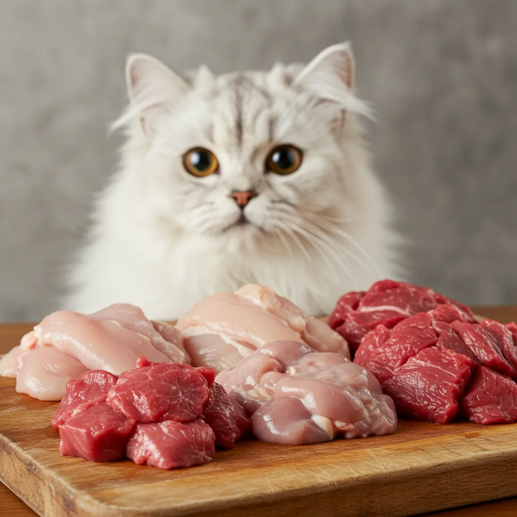 Raw cat food ingredients on a cutting board with a curious cat watching.