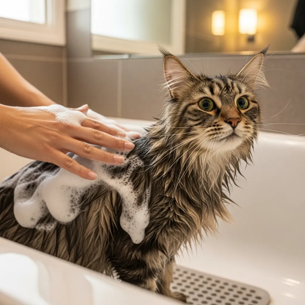 Long-haired cat being bathed to remove skin odors.