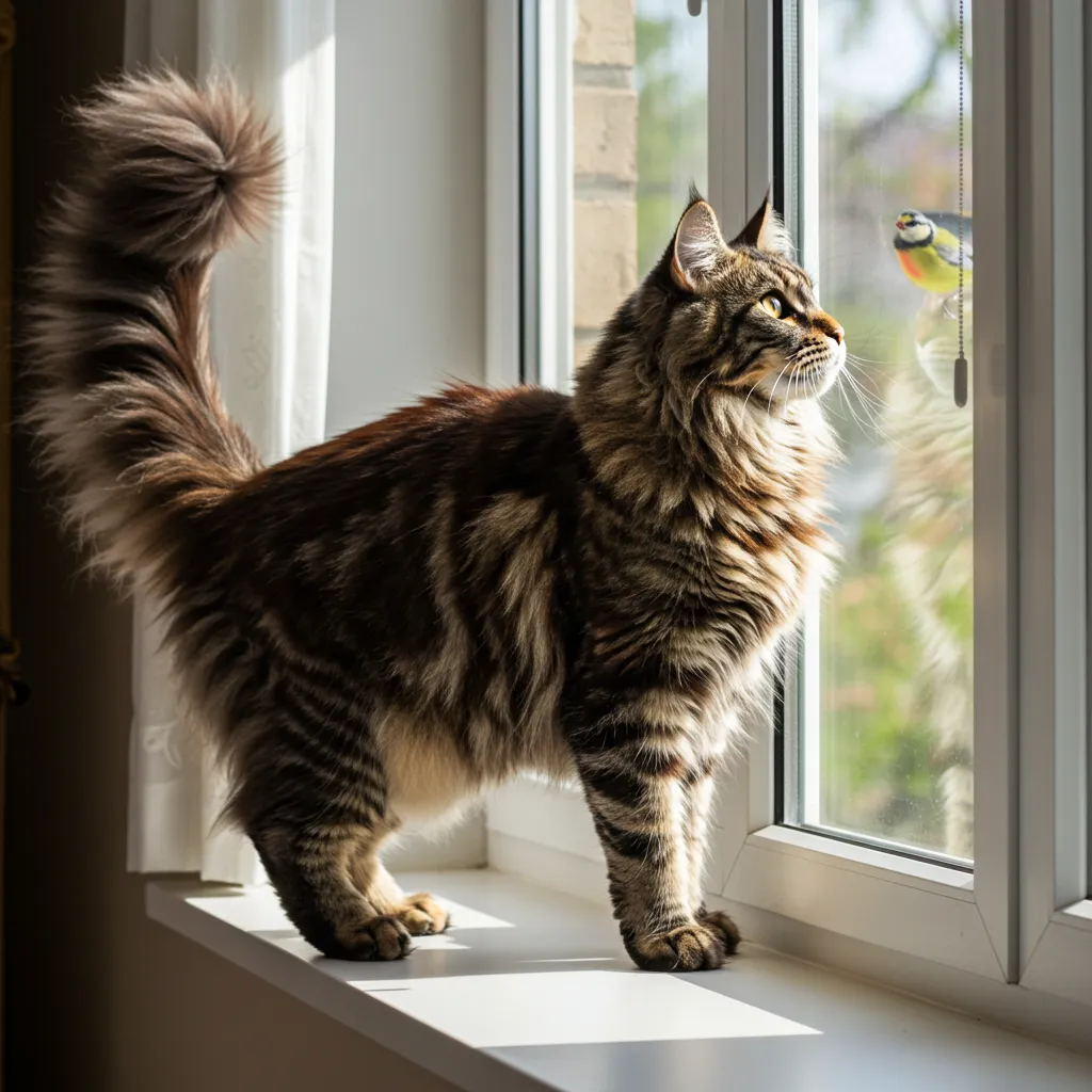 Maine Coon with puffed-up tail at window, showing cat tail signals for surprise or aggression.