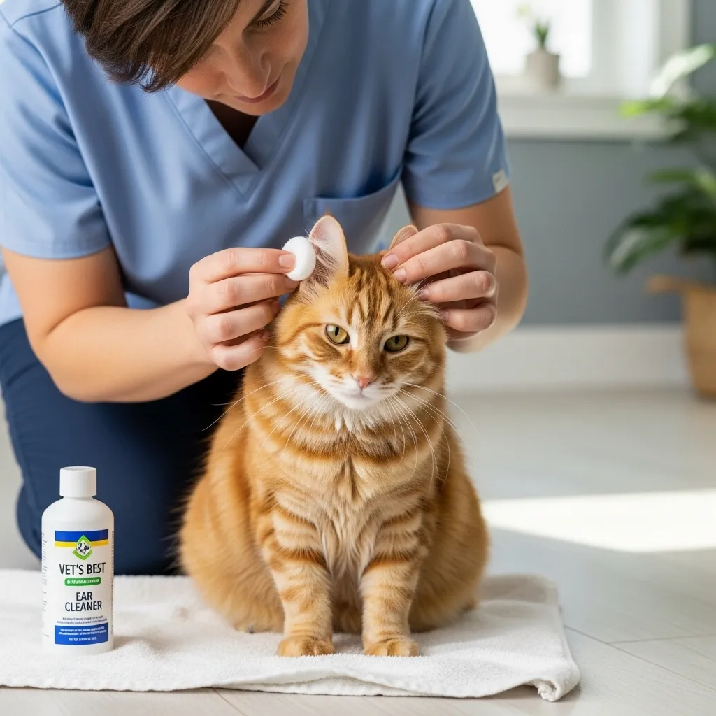 Cleaning cat’s ear to prevent odor-causing infections.