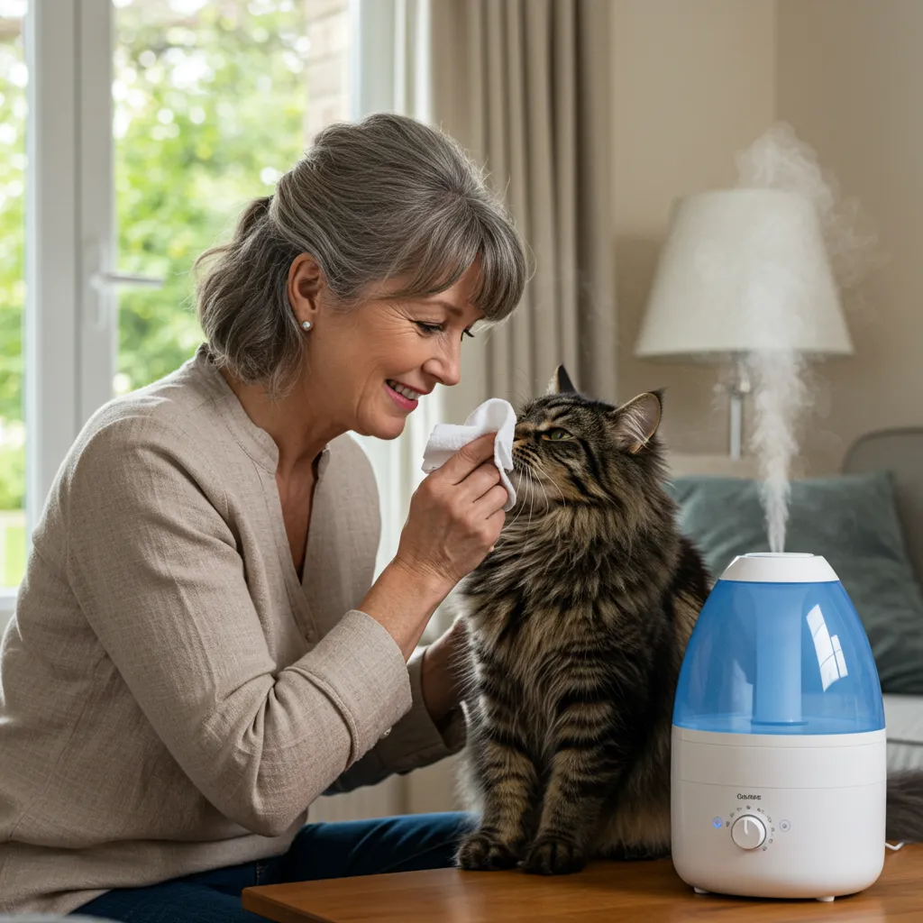 Pet owner providing care for a sneezing Norwegian Forest Cat with a humidifier.