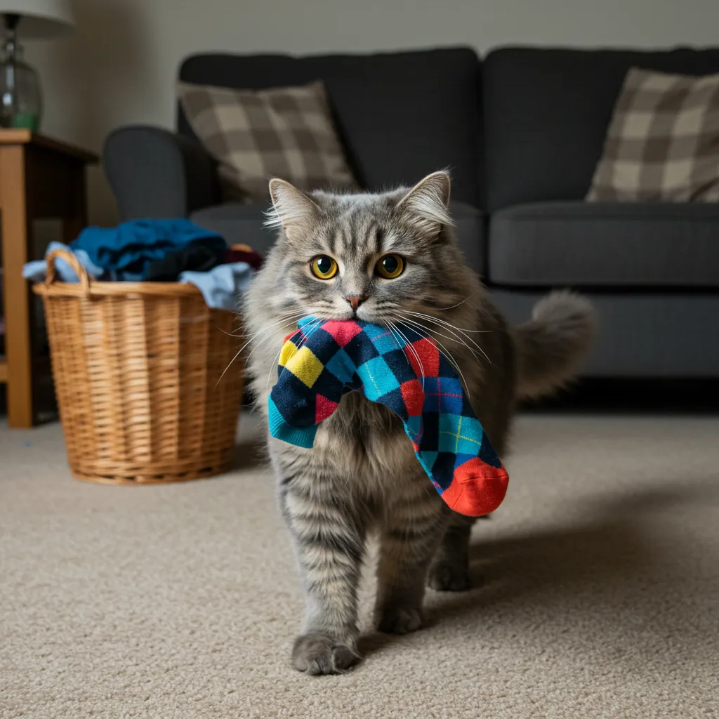 Cat carrying a sock in its mouth bring, showcasing feline gift-giving behavior in a cozy home.