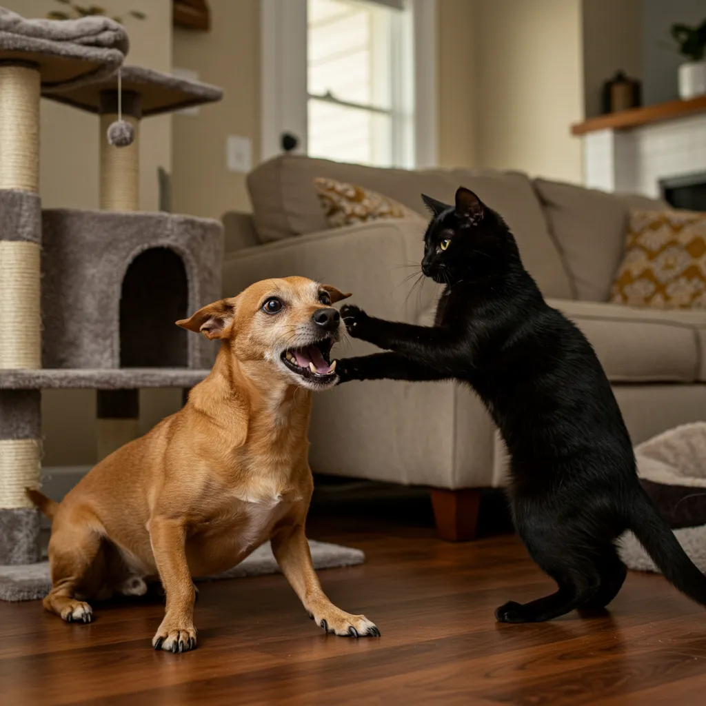  Cat slapping dog in living room, showing interspecies pet behavior tension.