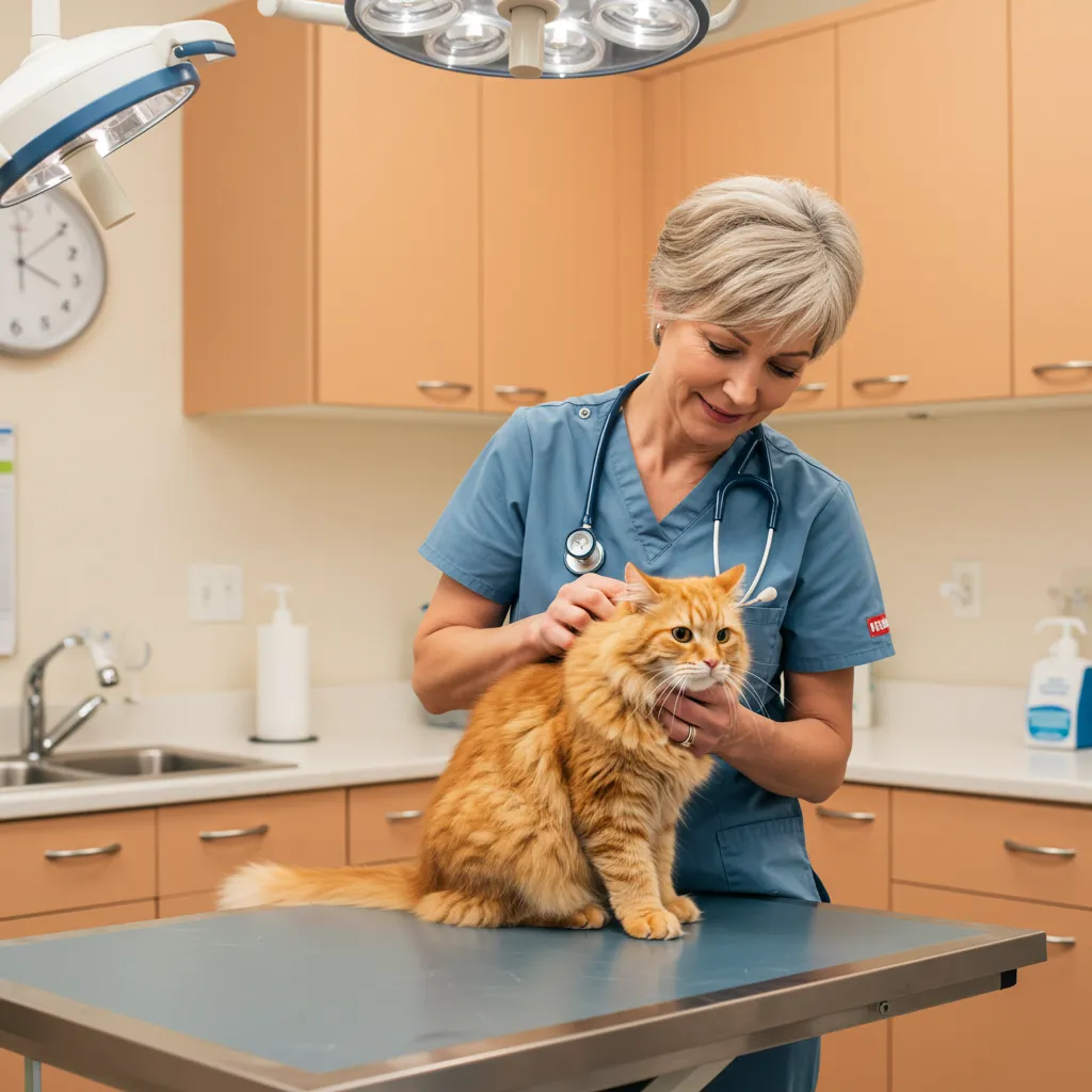 Veterinarian checking a Norwegian Forest Cat for sneezing symptoms.