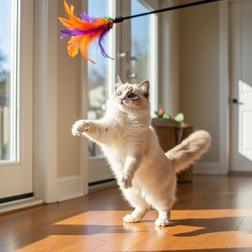 Ragdoll cat playing with a feather wand in a bright room.