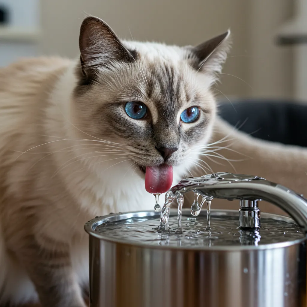  Ragdoll cat drinking from a stainless steel water fountain, showcasing healthy hydration habits.