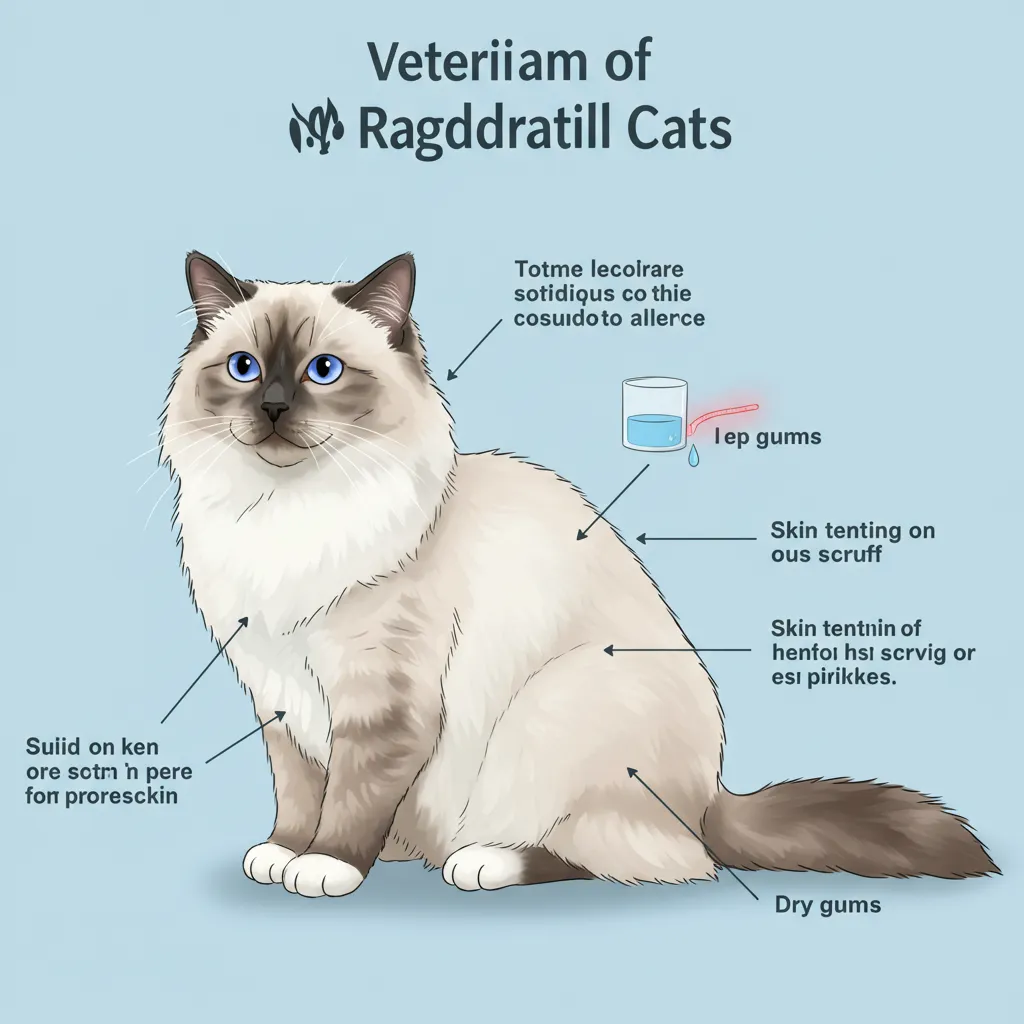 Diagram of Ragdoll cat dehydration symptoms, including sunken eyes and skin tenting.