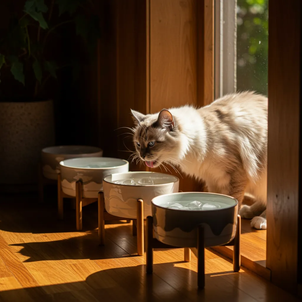 Ragdoll cat drinking from an elevated ceramic water bowl in a cozy home setup.