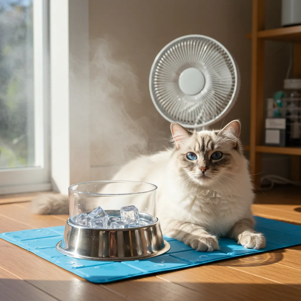 Ragdoll cat staying cool with a hydration station in summer heat.